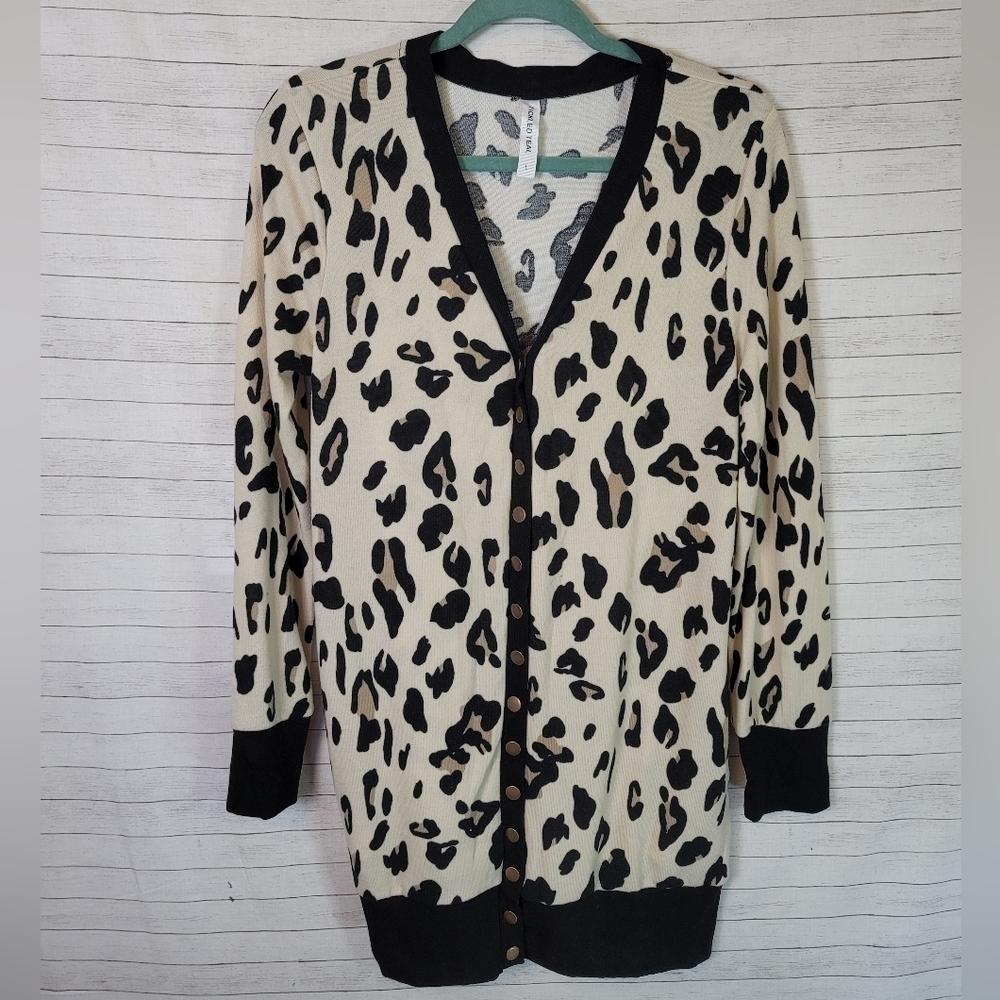 TICKELED TEAL LEOPARD PRINT TUNIC LENGTH CARDIGAN, SZ LARGE
